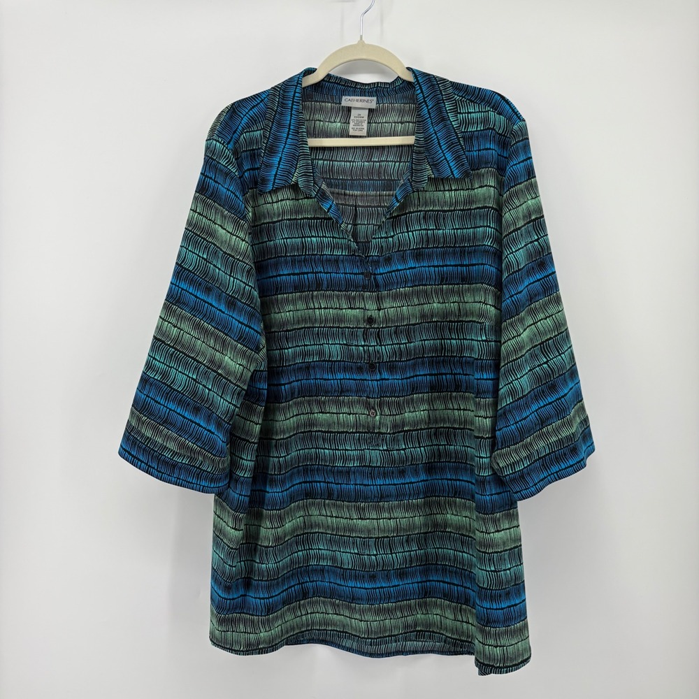Catherines 2X Blue Green Abstract Stripe 3/4 Sleeve Half Button Front Tunic